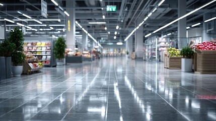 Blurred Supermarket Aisle Perspective with Polished Floors and Well Stocked Shelves Under Bright Overhead Lighting in a Spacious Retail Environment