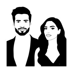 Black and White Vector Illustration of a Couple Man and Woman in Minimalistic Clean Line Art Style