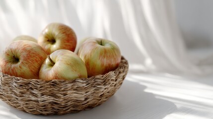 Woven basket filled with six apples. the apples are red and green in color and appear to be fresh. the basket is placed on a white surface with a white curtain in the background.