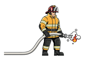 Fototapeta premium Brave Firefighter battling a blaze with water hose illustration, dedicated to safety and service for community protection