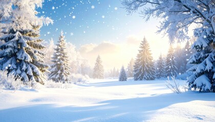 Obraz premium Snowy landscape featuring snow-covered trees under a bright, sunny sky with falling snowflakes in winter, creating a serene, peaceful scene