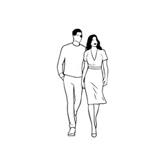 Black and White Vector Illustration of a Couple Man and Woman in Minimalistic Clean Line Art Style