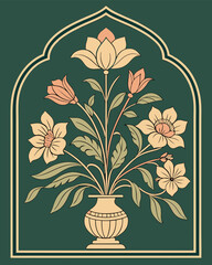 Traditional Mughal floral plant motif framed by ornate arch, seamless decorative design perfect for luxury invitations, heritage patterns, and artistic wallpapers. © Rahim