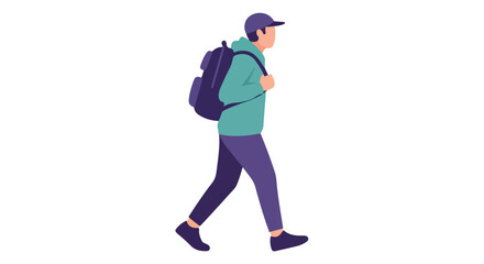 A casual flat vector illustration of a young man with a backpack walking forward confidently demonstrating freedom and youthful spirit