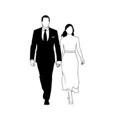Black and White Vector Illustration of a Couple Man and Woman in Minimalistic Clean Line Art Style