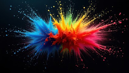 Vibrant explosion of colorful paint splashes against a dramatic black background, showcasing dynamic motion and a spectrum of hues.