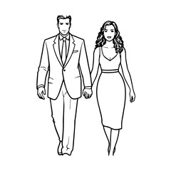 Black and White Vector Illustration of a Couple Man and Woman in Minimalistic Clean Line Art Style