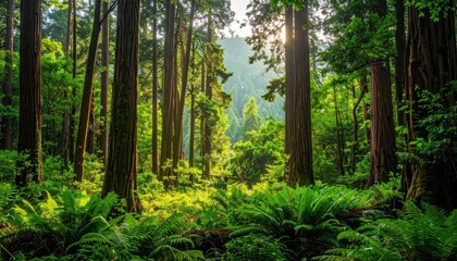 Fototapeta premium Lush forest scene sunlight filters through tall trees onto verdant fern undergrowth, creating a peaceful and vibrant natural landscape