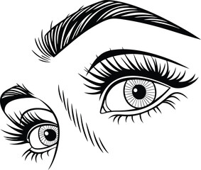Fototapeta premium Vector art of closeup black and white illustration of a womans eyes with long eyelashes and defined eyebrows