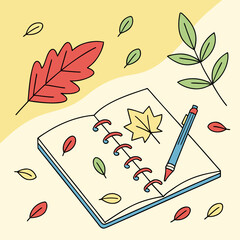 Vsai notebook and pen drawing autumn leaves illustration