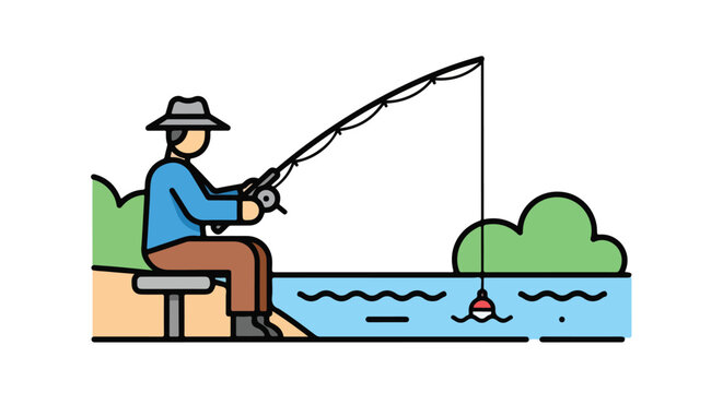 Cartoon illustration of a man fishing by a river, embodying leisure and outdoor recreation, with a clear sky providing an idyllic setting for