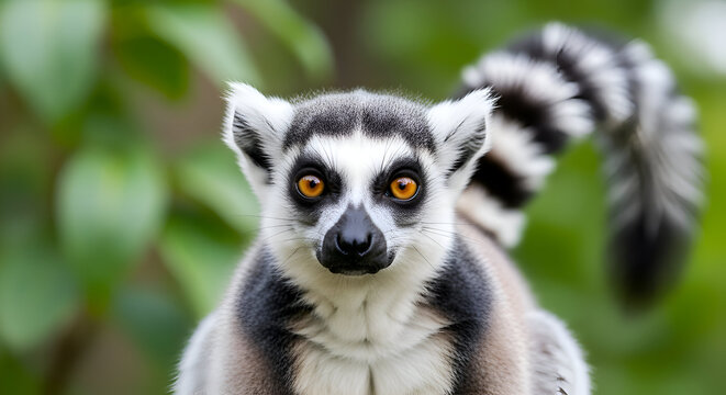 Captivating ring-tailed lemur with striking amber eyes gazes directly forward, its iconic striped tail curving behind it amidst lush green foliage, showcasing its unique beauty.
