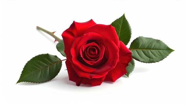 A vibrant red rose, its velvety petals unfurling in a spiral, rests on a white surface, accompanied by lush green leaves and a thorny stem