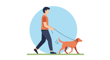 A stylized depiction of a man walking his brown dog on a leash with a serene blue background design portraying companionship and pet ownership