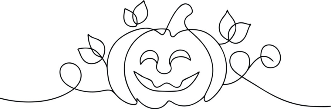 Black line art happy jack o lantern with leaves halloween