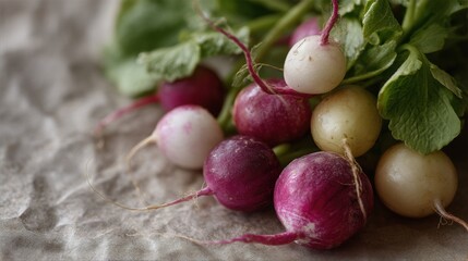 Bunch of fresh radishes with their leaves still attached. there are six radishes in total, with the largest one in the center and three smaller ones on either side.