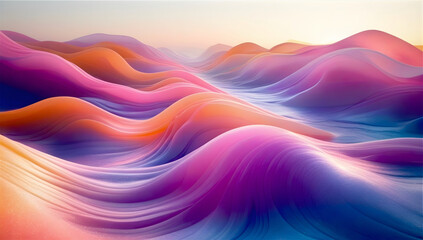 Obraz premium Abstract artwork featuring a minimalist mountain landscape with flowing forms. The scene is composed of soft, undulating waves, resembling hills or dunes, colored in pastel hues of pink, purple, blue,