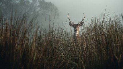 Deer stands amidst tall grasses in foggy landscape, facing camera