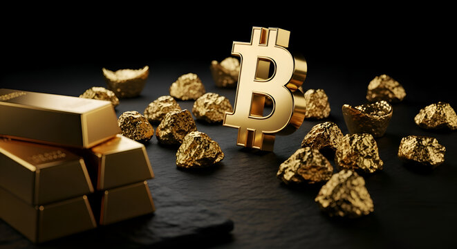 Shiny gold bars and bitcoin symbol surrounded by precious gold nuggets create a stunning display of wealth and digital currency investment opportunities.