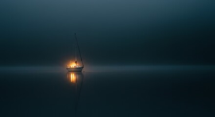 Tranquil sailboat illuminated by warm light on calm dark water