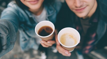 Young couple holding coffee cups in their hands. they are standing close together and appear to be taking a selfie.