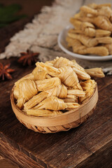 Dried Bean Curd Skin Knots in Bamboo Basket - Traditional Asian Vegetarian Protein Food Ingredient
