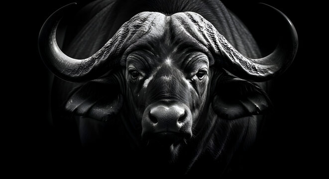 Intense, powerful close-up portrait of a black buffalo's imposing face and curved horns against a stark dark background