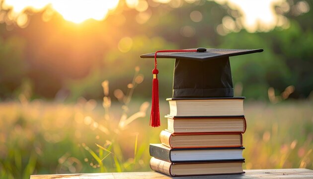 Graduation cap atop stacked books sit in a sunlit meadow. Soft bokeh creates a warm, celebratory mood against blurred green background