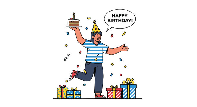 Festive birthday celebration illustration with presents, cake, party hat and joyful expression conveying happiness and cheerfulness for special day