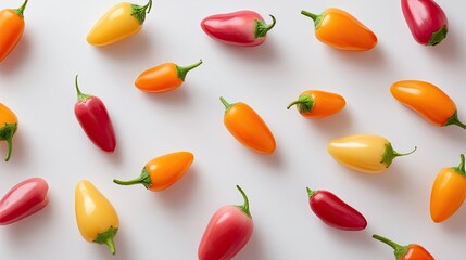 Colorful Assortment of Fresh Peppers in Various Shapes and Sizes on a Bright Surface