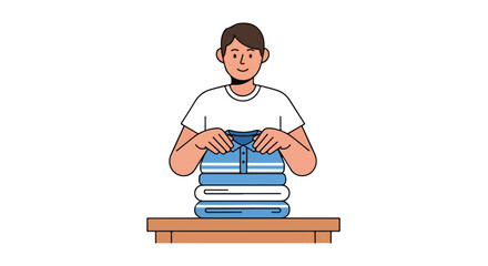 Character organizing clean clothing, emphasizing domesticity and care in a modern lifestyle illustration demonstrating tidiness and personal upkeep