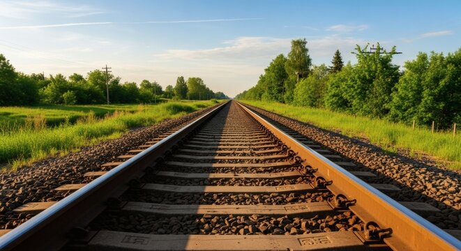 Endless railway tracks stretching into the distance under a clear blue sky, bordered by lush green fields and trees on a sunny day.