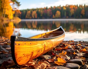 Wooden canoe on autumnal shoreline