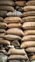 Stacked burlap sacks