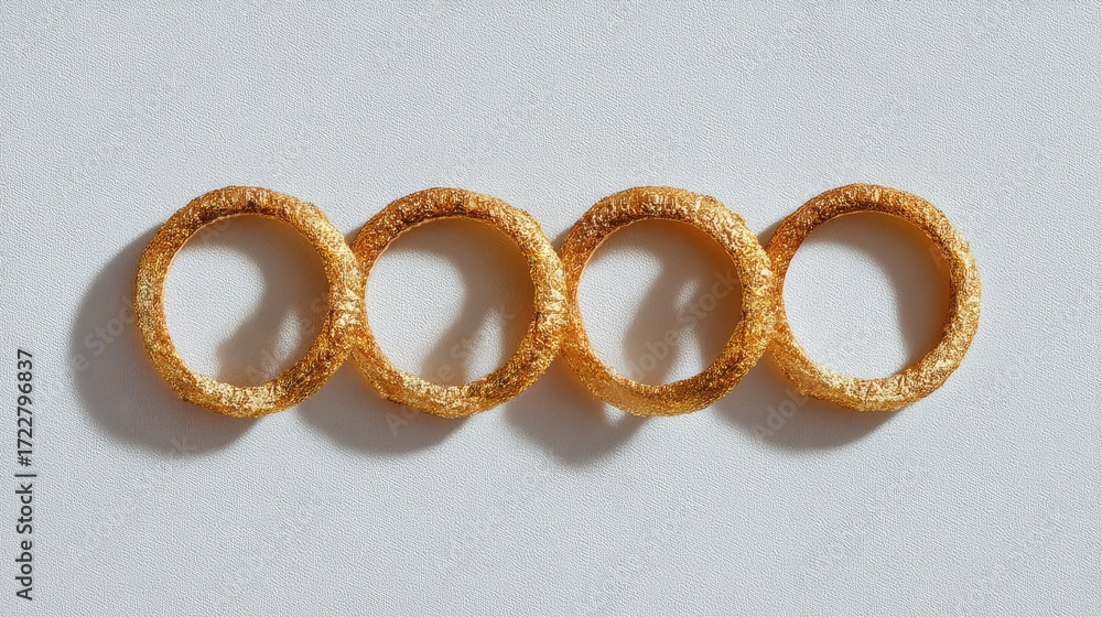 Poster unique golden rings in a row on white background showcasing artistic texture and shine for creative 