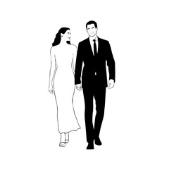 Black and White Vector Illustration of a Couple Man and Woman in Minimalistic Clean Line Art Style