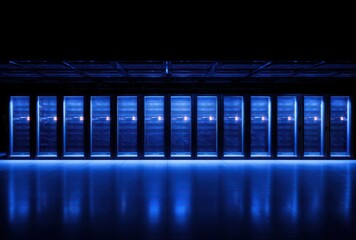 Rows of softly glowing blue servers in a dark room reflect on a shiny floor, creating a futuristic and technological impression