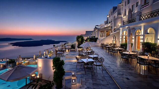 Stunning panoramic view of a luxury hotel with a breathtaking infinity pool overlooking the Aegean Sea at sunset.