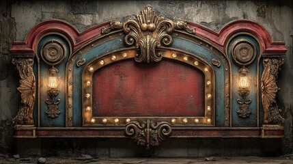 Ornate theater sign with lights and red background against a textured wall.