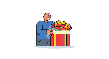 Cartoon man opening a gift box with joyful expression demonstrating anticipation and excitement for the surprise within
