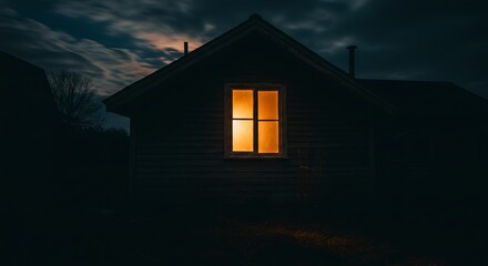 Cozy light glows from a solitary cabin window on a dramatic cloudy night