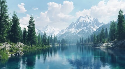 Experience the serenity of mountain lakeshore views nestled amongst evergreen forests and snow capped peaks, a breathtaking alpine vista