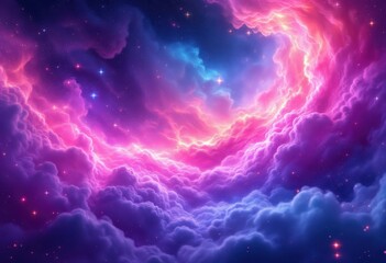 Fototapeta premium A mesmerizing display of swirling, vibrant clouds, glowing with radiant pink and purple hues against a starlit night sky.