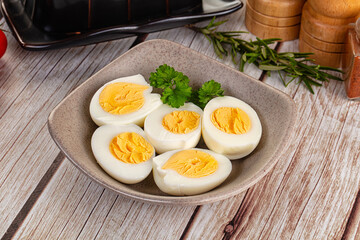 Boiled chicken eggs with bright yolk