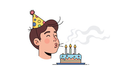 Boy celebrating birthday blowing out candles on cake with festive party hat and smoke effect illustration