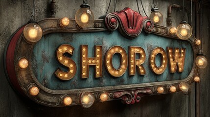 Illuminated sign with "SHOROW" text on a rustic wooden background with light bulbs.
