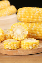 Fresh Sweet Corn Cobs Sliced on Wooden Board - Yunnan Agriculture Produce Closeup