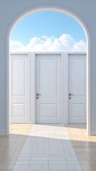 Fototapeta premium Three white doors leading to a bright sky