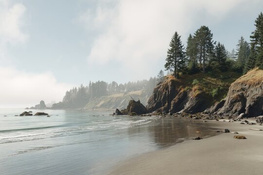 Misty coastal scene with calm waves lapping at a sandy beach