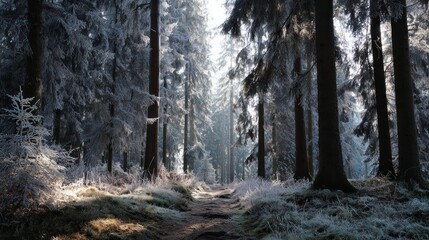 Path through frosted forest, with sun streaming through dense trees, winter scenery